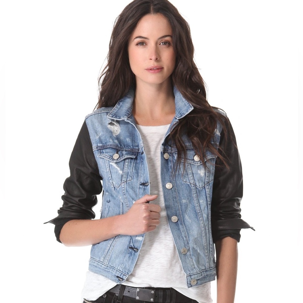 Rag & Bone Women's Tattered Jean Jacket with Black Lamb Leather Sleeves